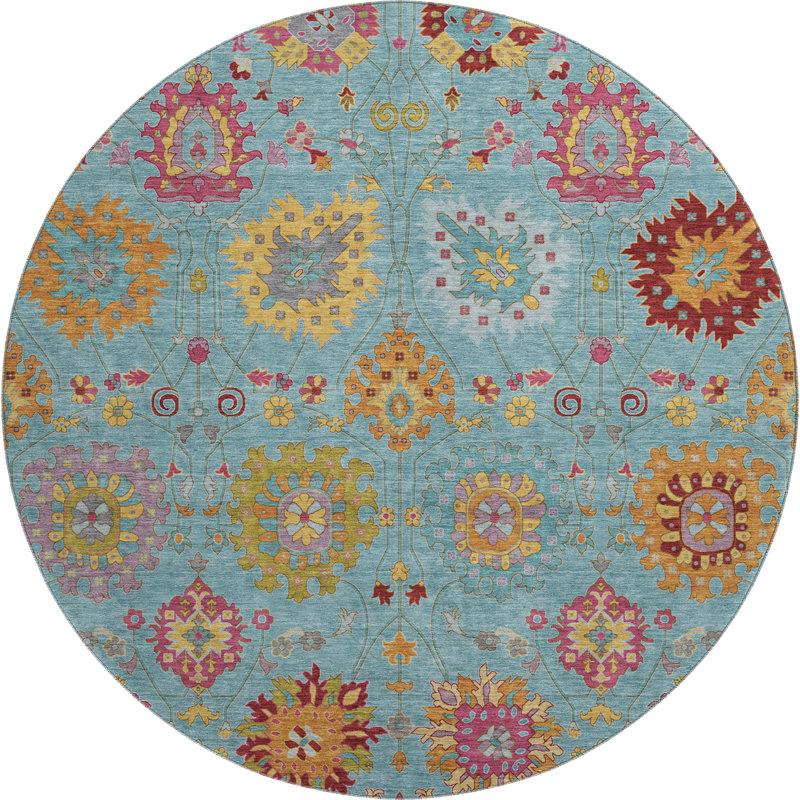 Tapis damassé de qualité supérieure Mayfield AMF2288, Bleu sarcelle, Rond 8 pi