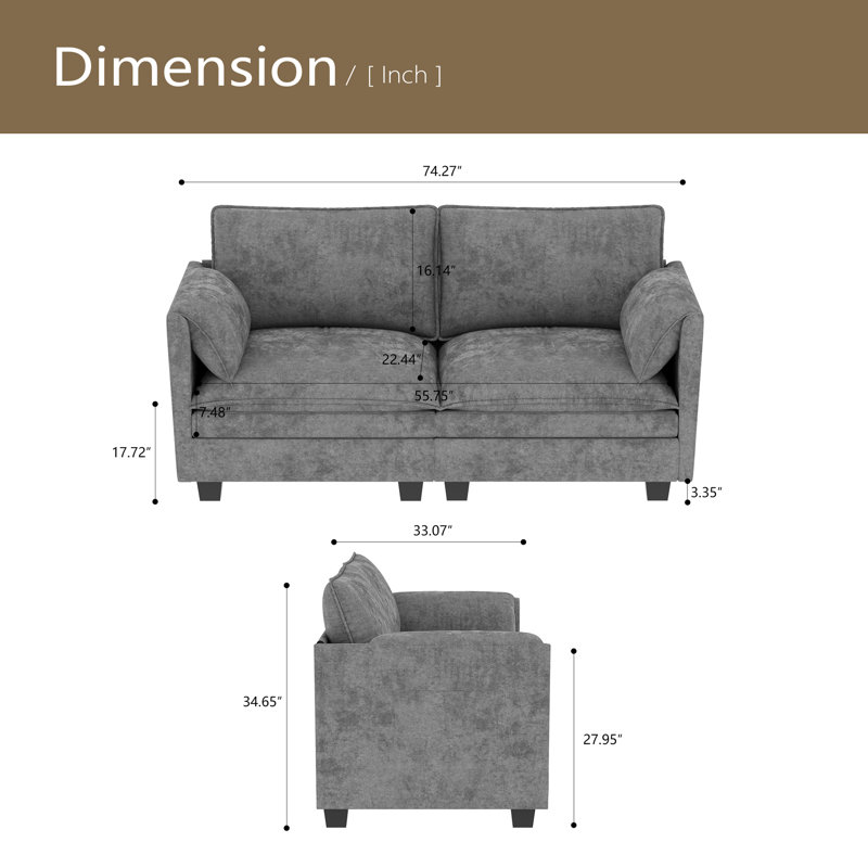74.27'' Loveseat Sofa, 2 Seater Comfy Couch,Mid Century Modern Designed For Small Spaces, Grey