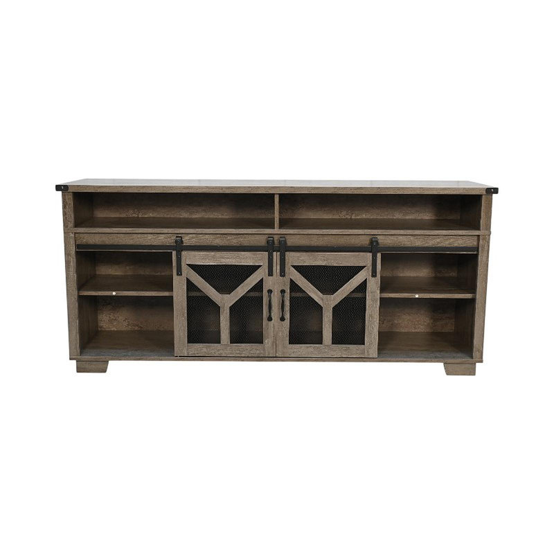 65.3" TV Stand With LED Light Strips And Iron Mesh Barn Door Y Decorative Strip Country Grey Farmhouse Style, Antique Gray