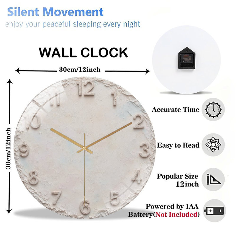 Horloge murale 12 "en verre trempé silencieux