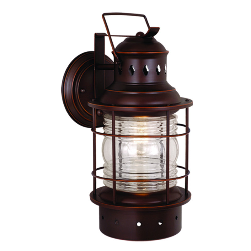 Crownsville 18 in. H 1-Light Burnished Bronze Coastal Outdoor Wall Sconce made of Durable Steel, Clear Ribbed Glass Shade, LED Compatible, Use for Exterior Porch Patio Front Door or Garage