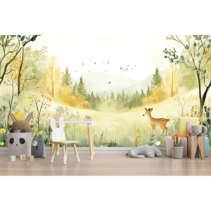 Papier peint aquarelle forêt de cerf, L 17 po x l 15 po, Peler et coller