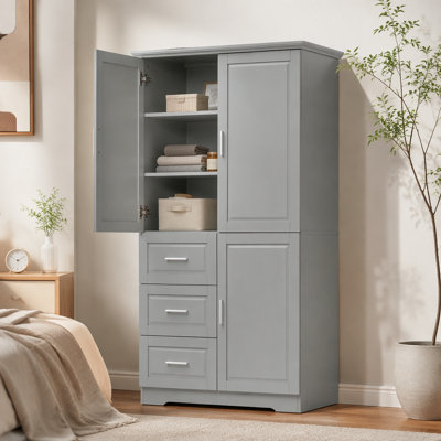 Armoire de rangement haute et large avec portes pour salle de bain / bureau, trois tiroirs, gris