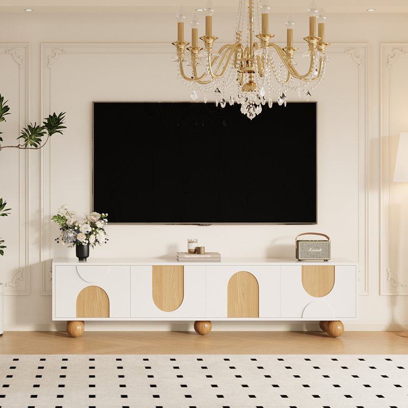 Meuble télé avec rangement 78,7 po, moderne beige et bois, gestion des câbles - centre de divertissement moderne avec cinq boules en bois, style crème