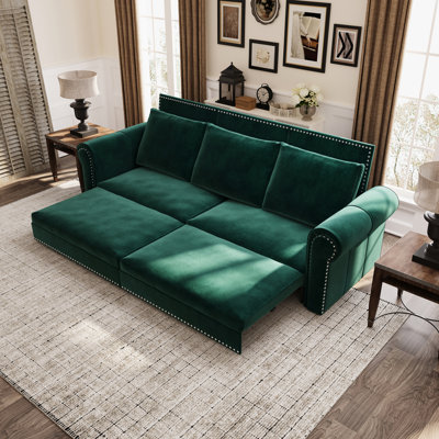 31 Velvet King Pull Out Bed With Classic Rolled Arm And Nailhead Trim, Quick To Assemble 93.7" Dimensions, Arm, For Contemporary Homes