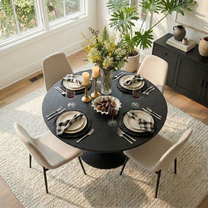 Ensemble de table de salle à manger pour 4 personnes avec table ronde et 4 chaises rembourrées en chenille, Beige
