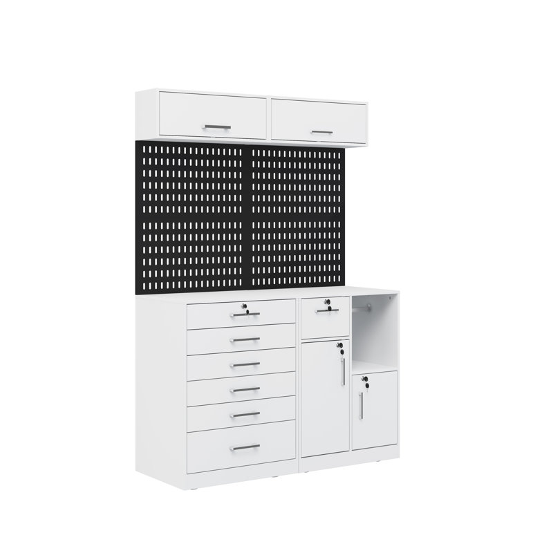 Armoire de rangement verrouillable de 78,7 pouces avec panneau perforé, tiroirs et armoires supérieures