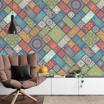 Bohemian Mandala Patchwork Tile Wall Mural, Colorful Moroccan Geometric Wallpaper for Home Decor