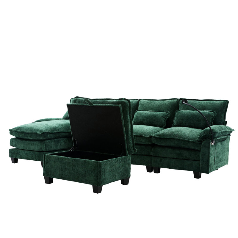 Chenille en forme de U de 106 po pour le salon, canapé-lit à 4 places avec et coussins, doux et chenille, bois massif, ports de charge, espace modulaire avec repose-pieds mobile, canapé-lit, tissu, structure en bois,