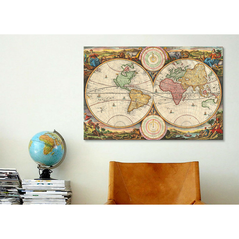 «Antique Map of the World in Two Hemispheres (1730)» par Stoopendaal, reproduction sur toile tendue sur châssis, Toile tendue