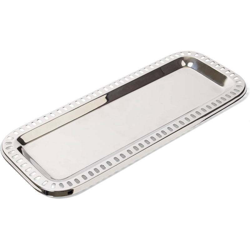 Plateau de service rectangulaire en acier inoxydable de 15,5 po x 6,25 po Eichner - Bordure découpée décorative - Poli miroir