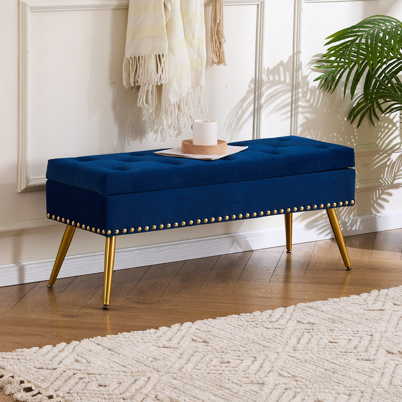 Banc repose-pieds en velours avec rangement, Marine, H 16,7 po x l 40 po x P 14,4 po