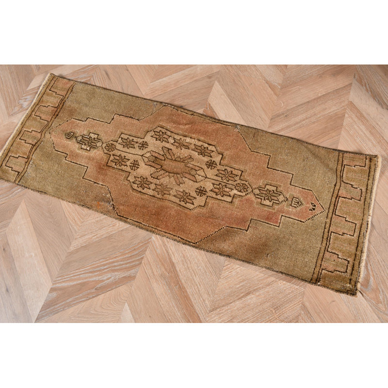 Vintage Turkish Runner Handmade Carpet Perfect For Hallway And Small Rustic Decor In Elegant Rust And Beige Hues