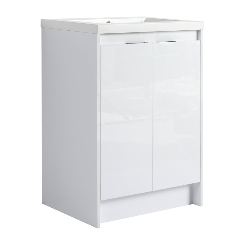 Meuble-lavabo sur pied blanc brillant avec lavabo en résine de 61 cm (24 po), de style moderne, système de fermeture amortie et silencieuse.