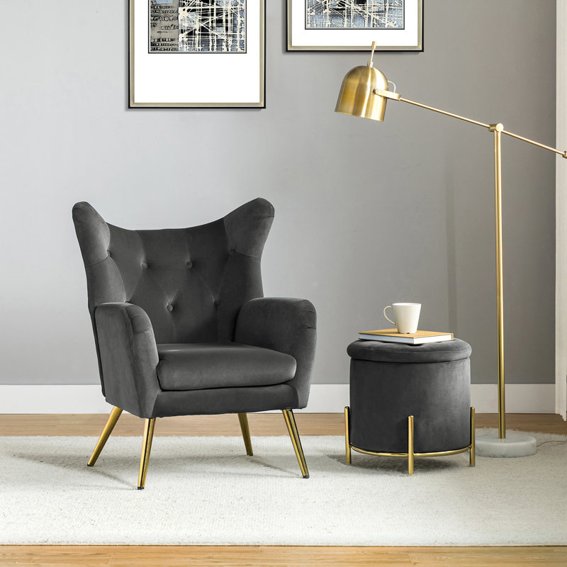 Conrado Upholstered Wingback Chair with Ottoman, Grey 100% Polyester