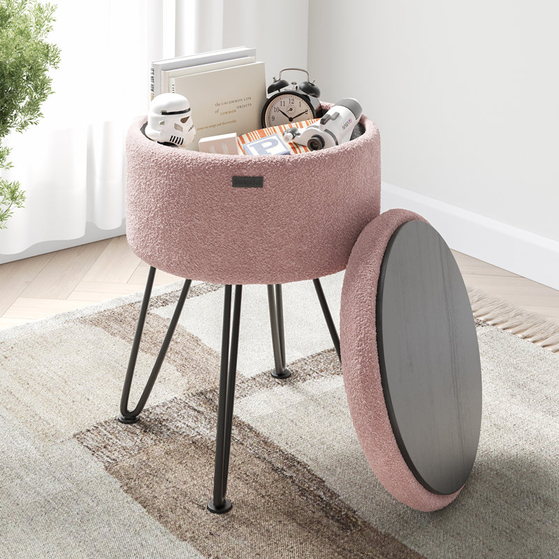 Modern Round Storage Ottoman Side Table, Black, Pink boucle 