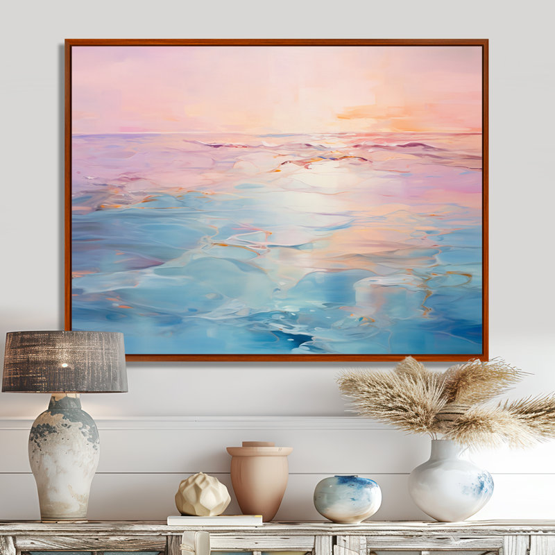 Rose et bleu pastel coucher de soleil - vagues côtières, art mural, H 24 po x l 32 po, Argent