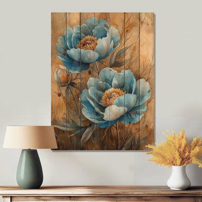 Blue Peonies In The Barnyard I - Peonies Wood Print - On Natural Pine Wood