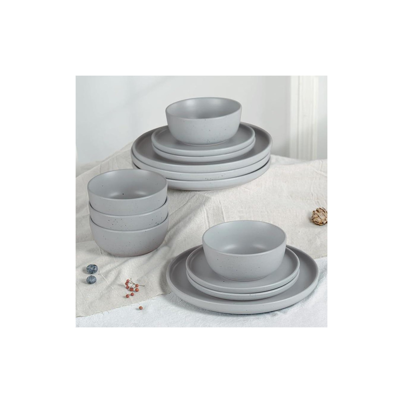  12 Piece Dinnerware Sets, Speckle Matte Dish Set, Light Gray