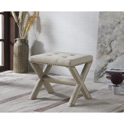Banc décoratif en mélange de lin avec siège et garniture cloutée, structure en bois franc d'ingénierie, mousse à haute densité, l 17 po garni de vestibule, structure, profondeur de 19 po d'épaisseur