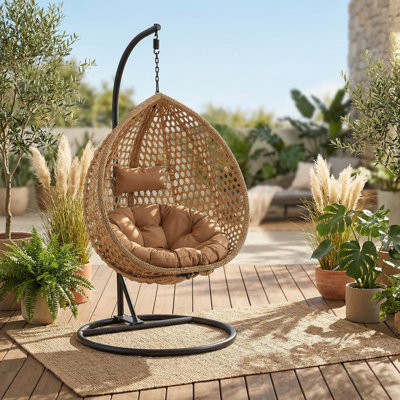 Chaviano Modern Indoor Outdoor Wicker Egg Chair with C-Stand, Teardrop Swing Chair with UV-Resistant Cushion for Patio, Garden & Porch