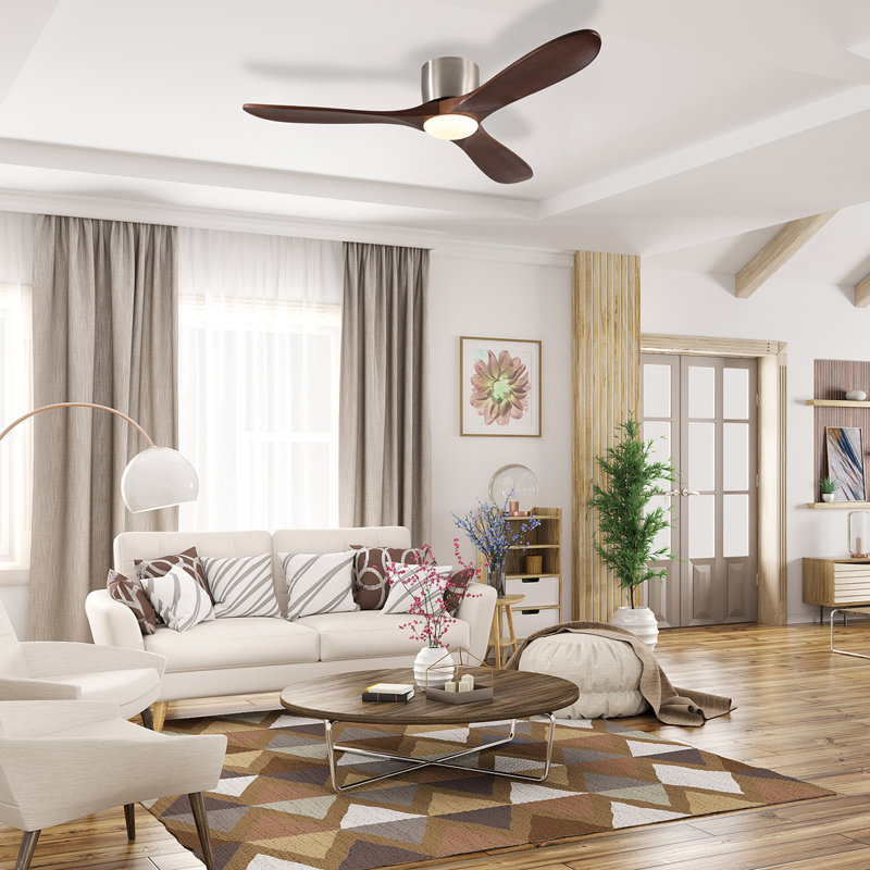 52-Inch Ceiling Fan With Light, 3 Light Walnut Wood Blades, Remote Control, Reversible DC Motor For Living Room, Sand, Walnut