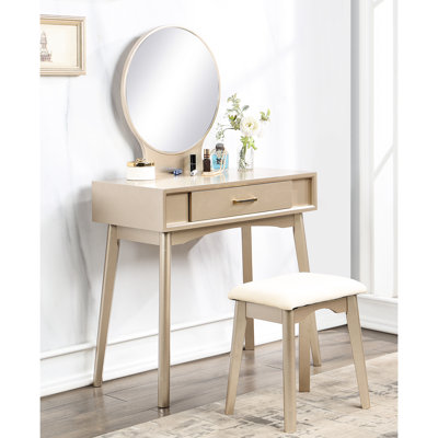 Meuble-lavabo en bois doré - look moderne avec tabouret, miroir et chaise de tiroir fonctionnelle pour les intérieurs