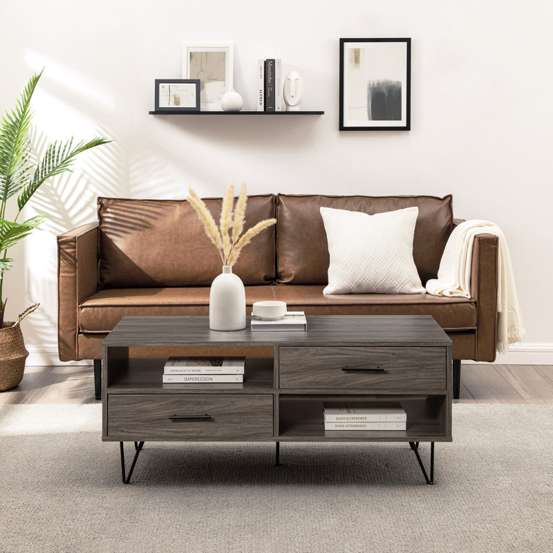 2-Drawer Coffee Table with Open Cubby Storage, Slate Gray