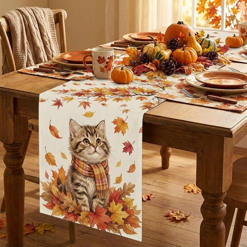 Fall Cat Maple Leaf Burlap Table Runner – Rustic Autumn Thanksgiving Kitchen & Dining Table Holiday Decor