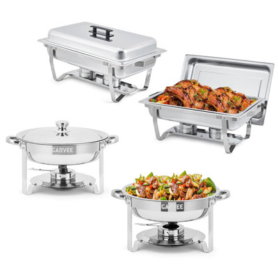 Ensemble de 4 réchauds à buffet - Réchauds rectangulaires en acier inoxydable de 8 pte et ronds de 5 pte avec couvercles, bacs à eau et supports à carburant pour les fêtes, les mariages et la restauration