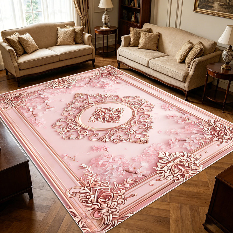 1PC Rose Gold Pink Baroque Embossed Floral area rugs for Living Room, Soft and Comfortable, Suitable for all seasons, easy-to-maintain, machine washable Indoor floor mat, Under Table Farmhouse suitable for dining area, bedroom, entryway, kitchen,