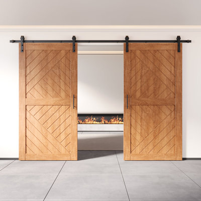 Homacer Early American Double 30in x 80in Unassembled & Finished Geometric Design Barn Doors with Non-Bypass Installation Hardware Kit, 11ft track, interior use only