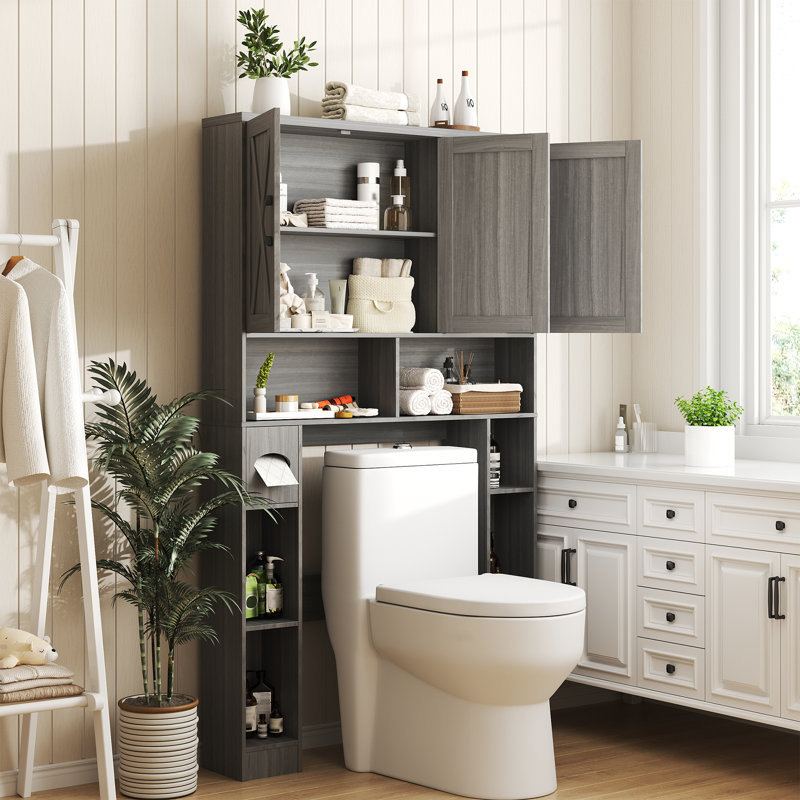 Armoire de rangement au-dessus de la toilette avec 3 portes de grange, Gris