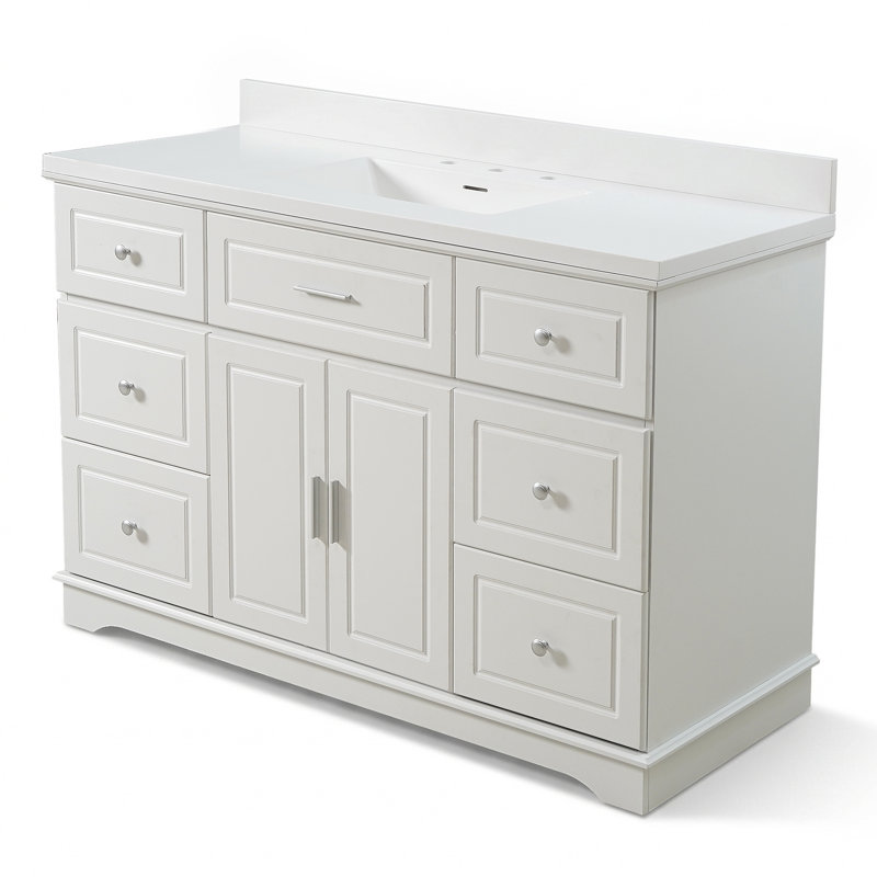 Meuble-lavabo simple de 122 cm (48 po) avec lavabo et dosseret intégrés en surface solide, armoire de rangement à 7 tiroirs, portes à fermeture amortie, style traditionnel autoportant, assemblage requis