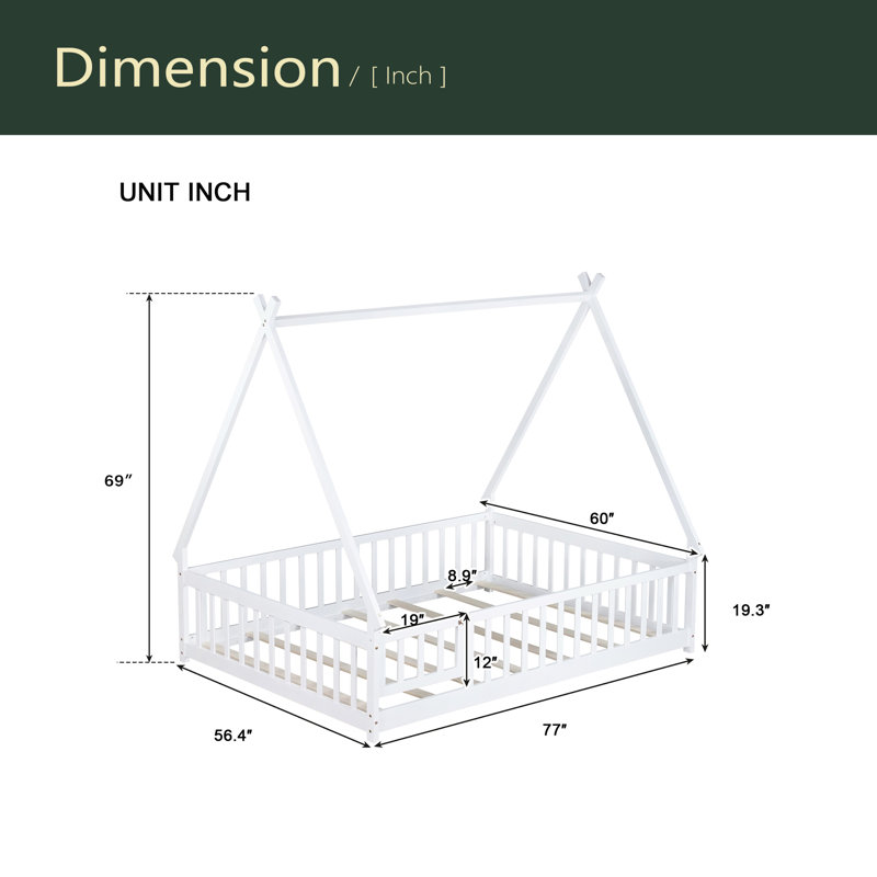 Tent-Shaped Floor Bed,Teepee Bed With Guardrails,Slats, Full, White