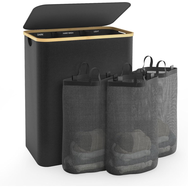 Hampers For Laundry Basket With Lid, 145L Extra Large 3 Section Clothes Divided Organizer For Bedroom, Laundry Room, Dirty Clothing Hamper, Black
