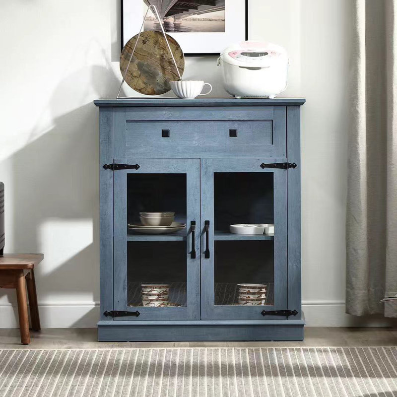 Élégante petite armoire avec lumières DEL - Petit buffet peu encombrant avec tablette réglable, portes en verre et tiroir - Rangement de cuisine moderne pour le café, les tasses et les essentiels