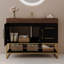 Meuble-lavabo simple autoportant noir de 91 cm (36 po) avec lavabo en céramique, comptoir en pierre frittée brun chaud et tablette ouverte
