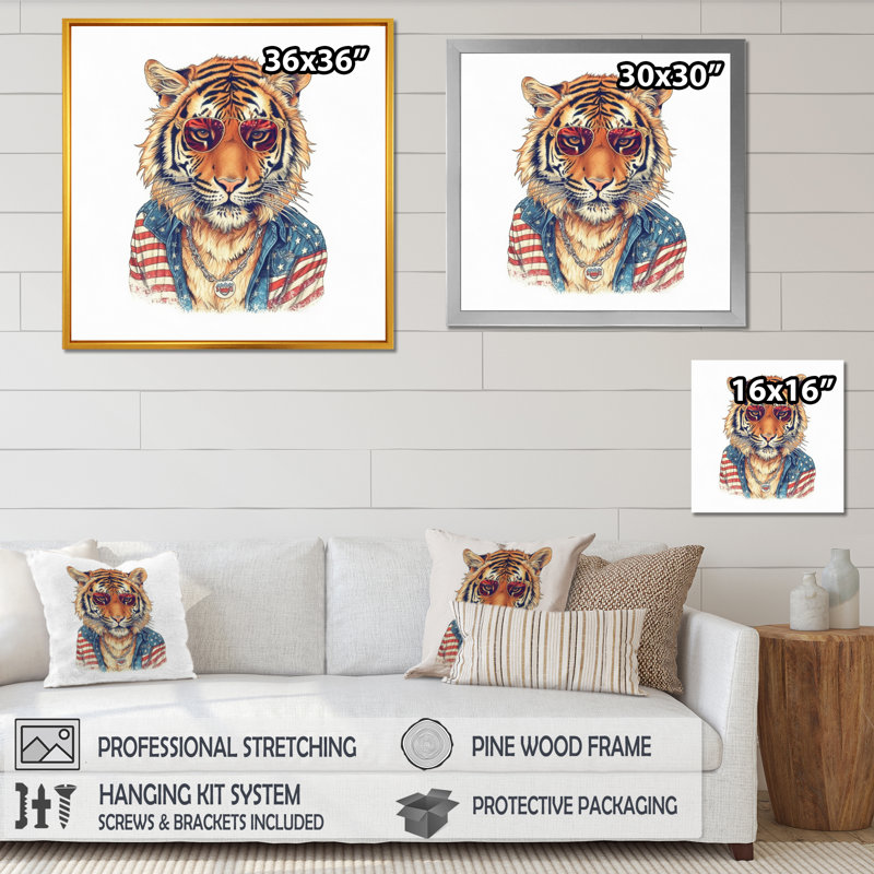 Tigre orange bleu avec lunettes de soleil sur toile, H 24 po x l 24 po x P 1 po, Cadre photo noir