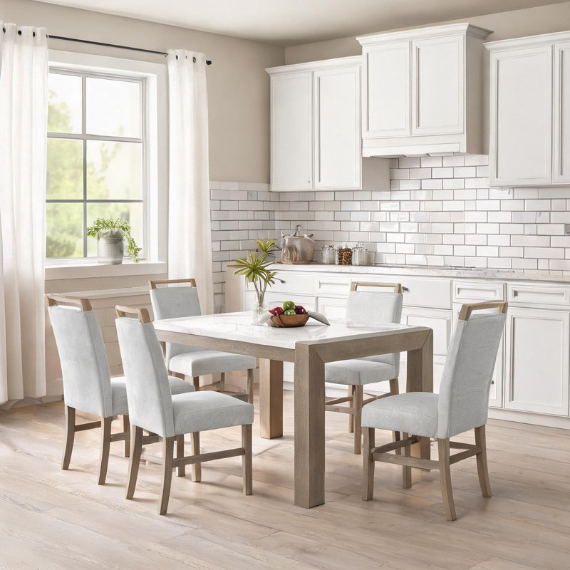 Ensemble de salle à manger rectangulaire 5 pièces en chêne clair avec plateau en faux marbre, 6 places, 66 pouces