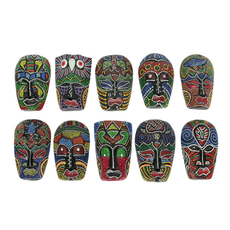 Ensemble tropical de 10 masques muraux tribaux en bois sculpté à la main Albesia, brun foncé et multicolores peints à pois - H 5 po x l 3 po x P 1,25 po