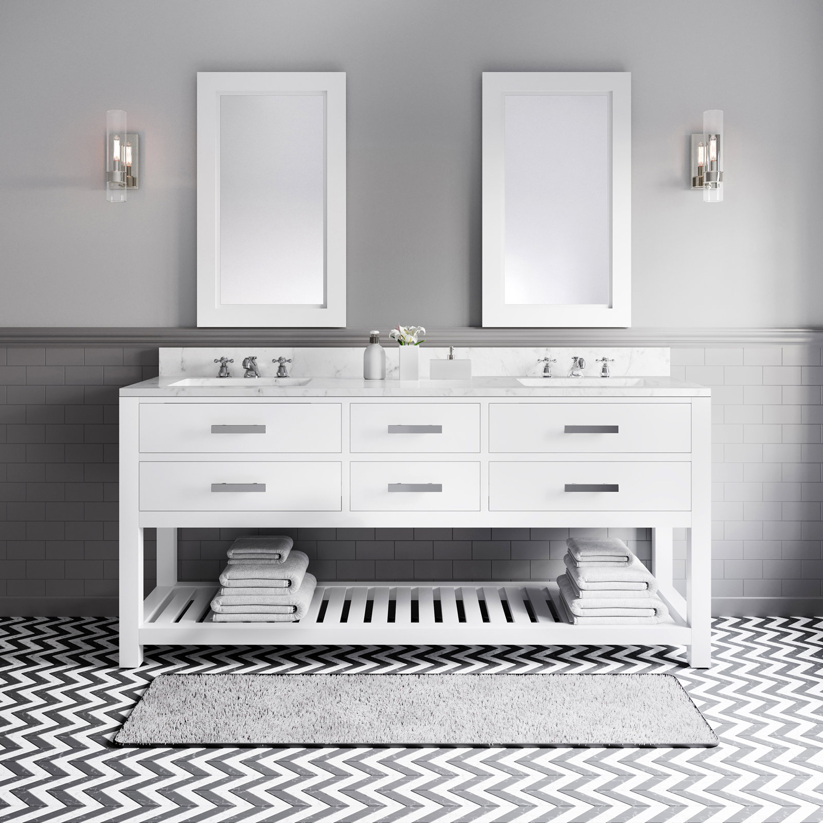 60" Pine Double Bathroom Vanity, Pure White, 34" H x 72" W x 21.5"D