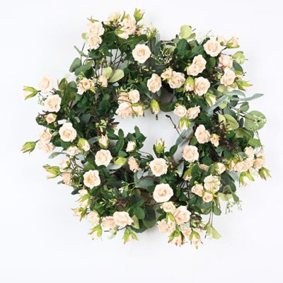22" Artificial Farmhouse Spring Summer Blossoms Cluster Foliage Rose Floral Wreath For Front Door