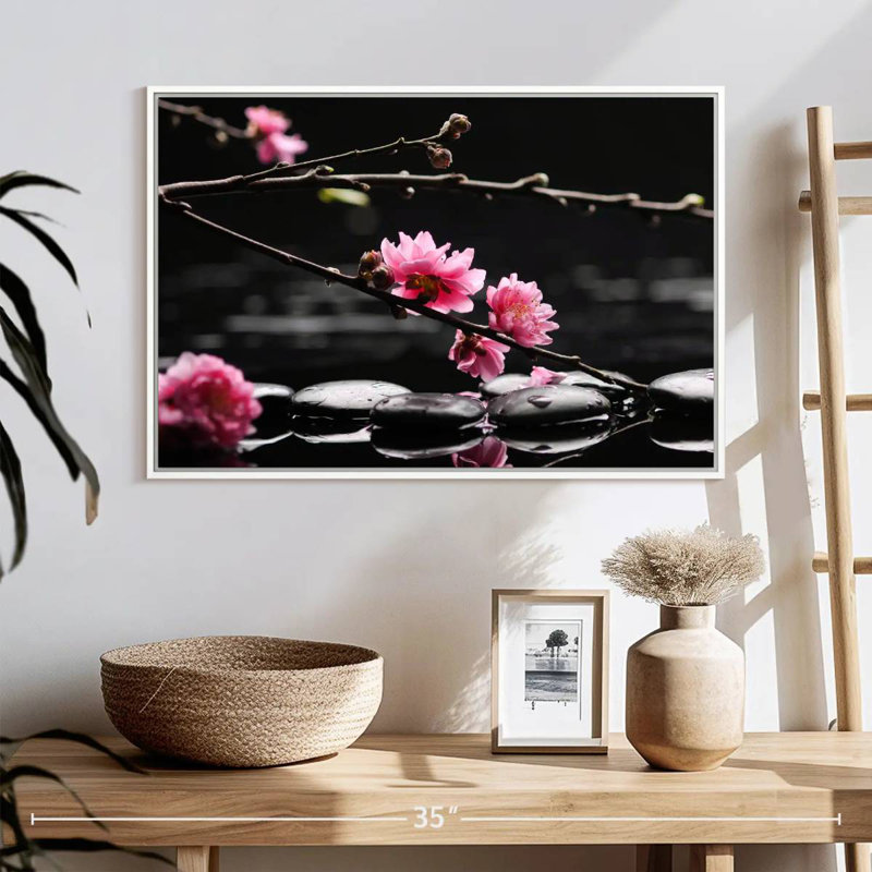 Cerisier en fleurs, 25 po x 17 po, Cadre flottant blanc