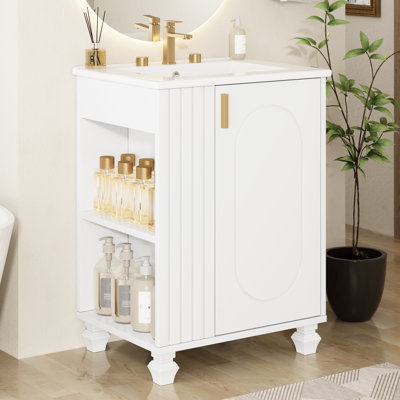 Meuble-lavabo de 24 po avec lavabo facile à nettoyer, porte à fermeture en douceur, rangement latéral ouvert, pieds en céramique compatibles avec robinet de 8 po, armoire