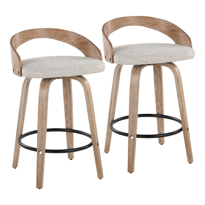 Laurenzio Fixed-Height Bar & Counter Stools with Bent Wood Legs & Round Footrest (Set of 2), White Washed/Black, Oat Fabric
