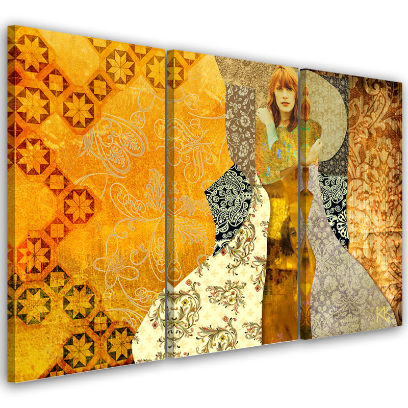 A Woman With A Decorative Background - 3 Piece No Frame Set on Canvas