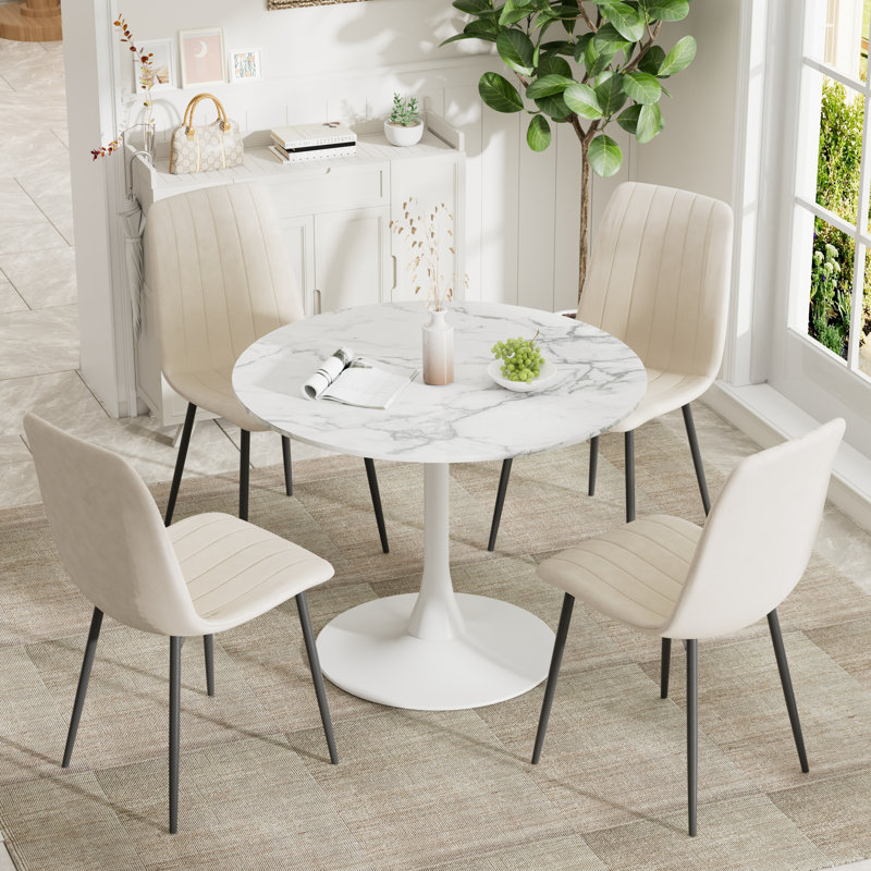 Ensemble de salle à manger à piédestal 5 pièces, Beige, Blanc