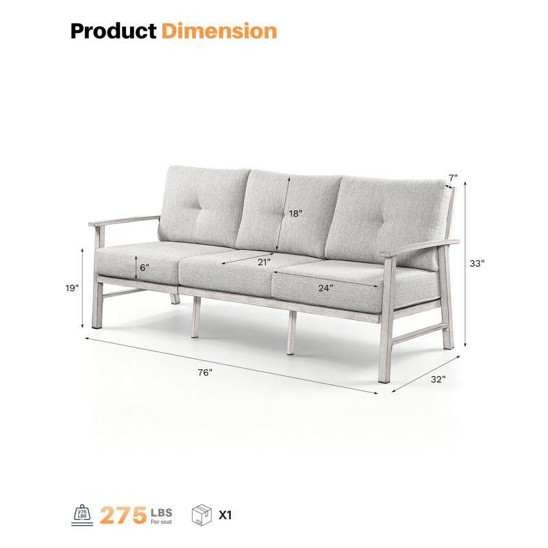 SeeHill Aluminum 3-Seater Outdoor Sofa, Weather-Resistant Sofa with 5.9'' Cushions, UV-Resistant, Durable for Patio, Porch, Backyard, Balcony, Roof Terrace, Cafe, Dark Gray