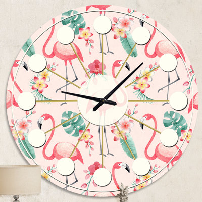 Horloge murale style tropical Mid-Century Tropical Botanicals, Flowers and Flamingo II